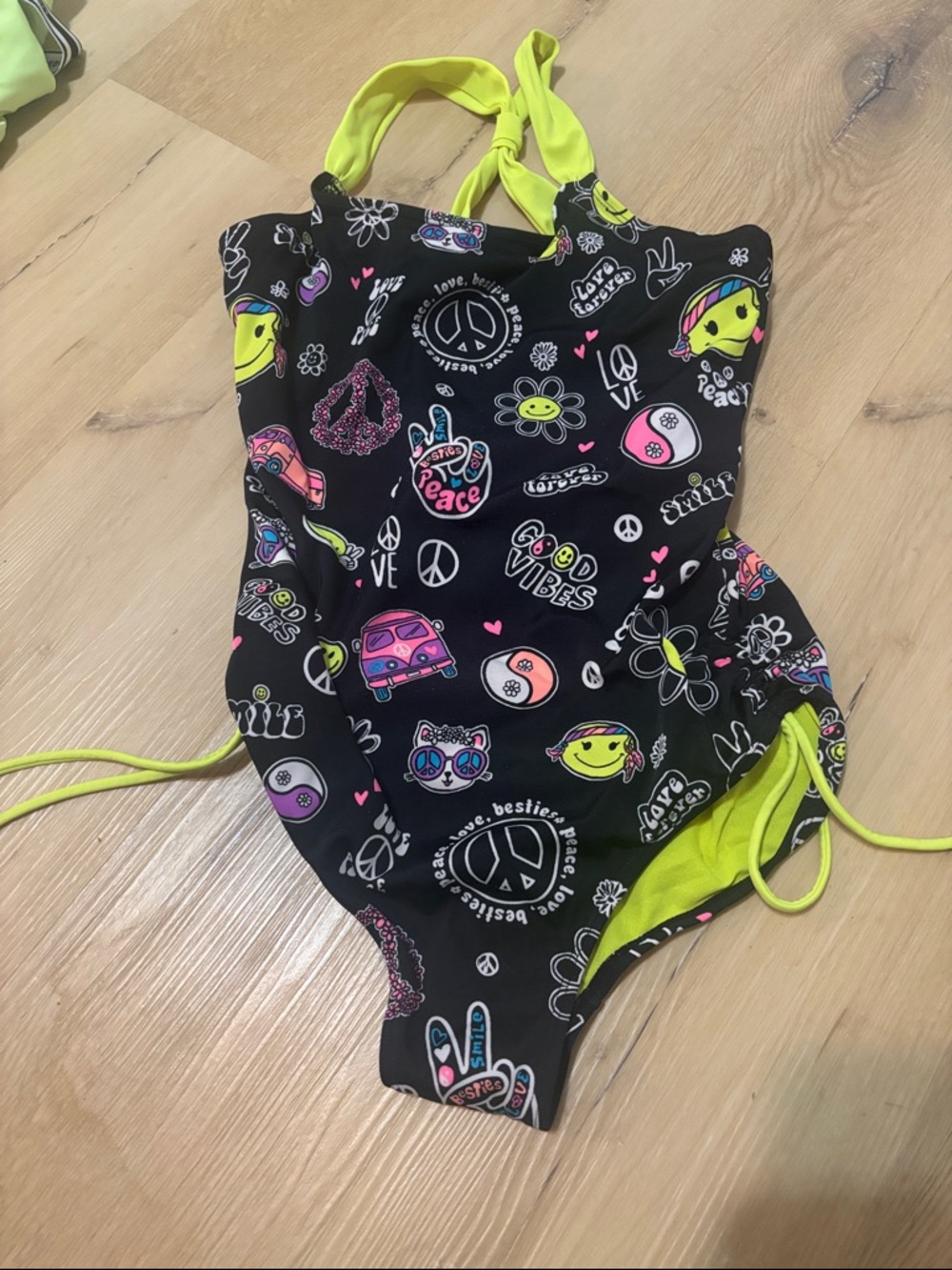 Justice Black One-Piece Swimsuit with Neon Yellow Accents